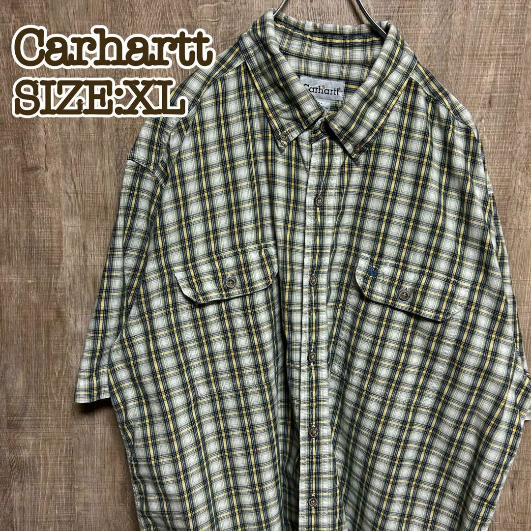 Carhartt カーハート　半袖BDシャツ　ネイビー×黄緑チェック　ロゴ　XL