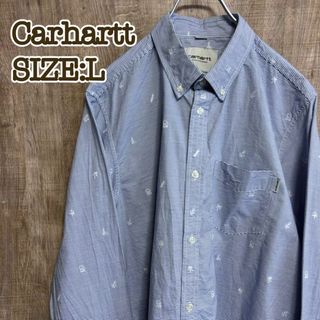 カーハート(carhartt)のCarhartt カーハート　BDシャツ　水色ボーダー　ロゴ総柄　L(シャツ)