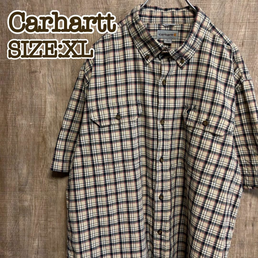 Carhartt カーハート　半袖BDシャツ　ベージュ×ネイビーチェック　XL