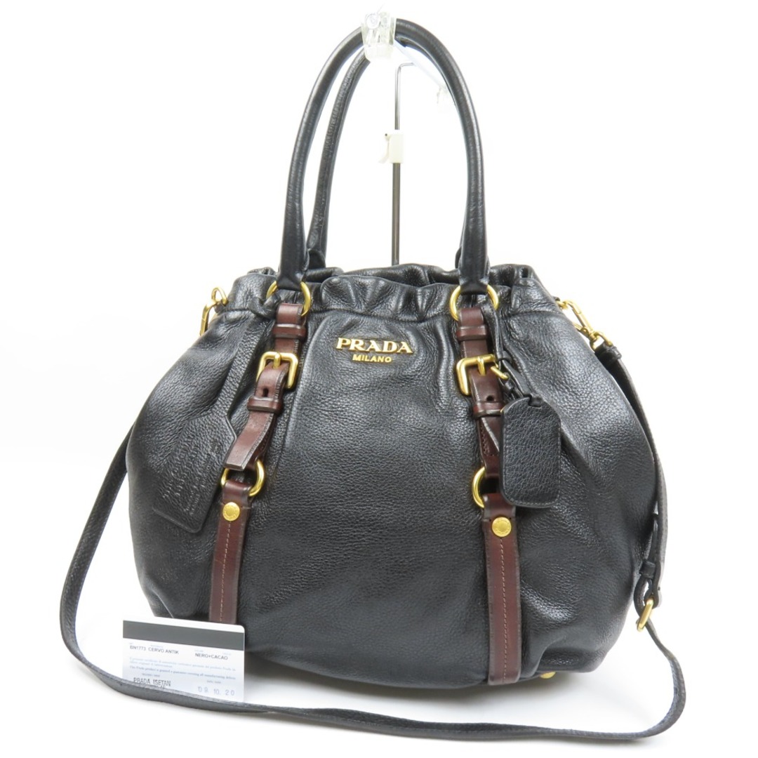 極美品 PRADA プラダ 2WAY ショルダーバッグ シカ ロゴ BN1773 ハンドバッグ/ディアスキン ブラック