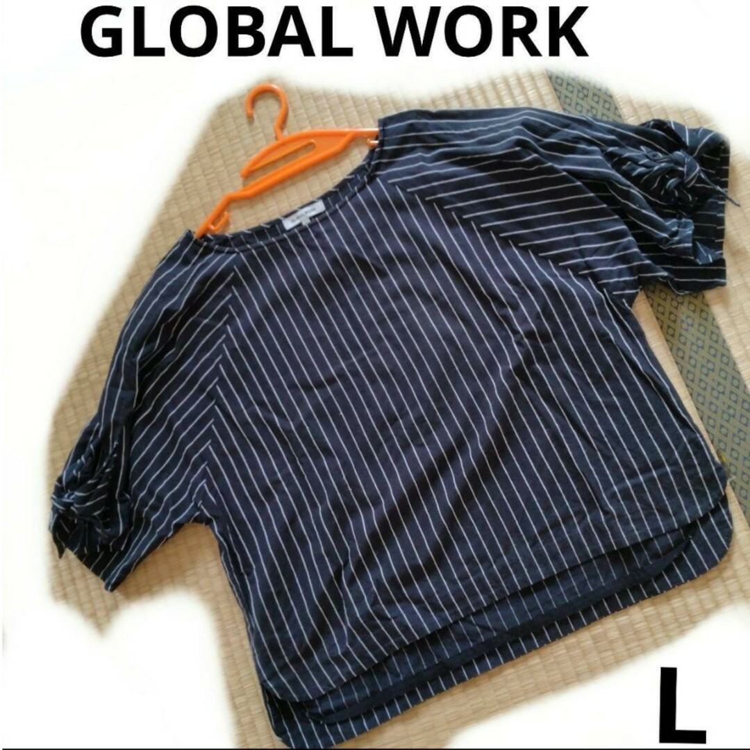 GLOBAL WORK(グローバルワーク)のブラウス　ストライプ　ネイビー　ホワイト　トップス　Lサイズ　グローバルワーク レディースのトップス(シャツ/ブラウス(半袖/袖なし))の商品写真