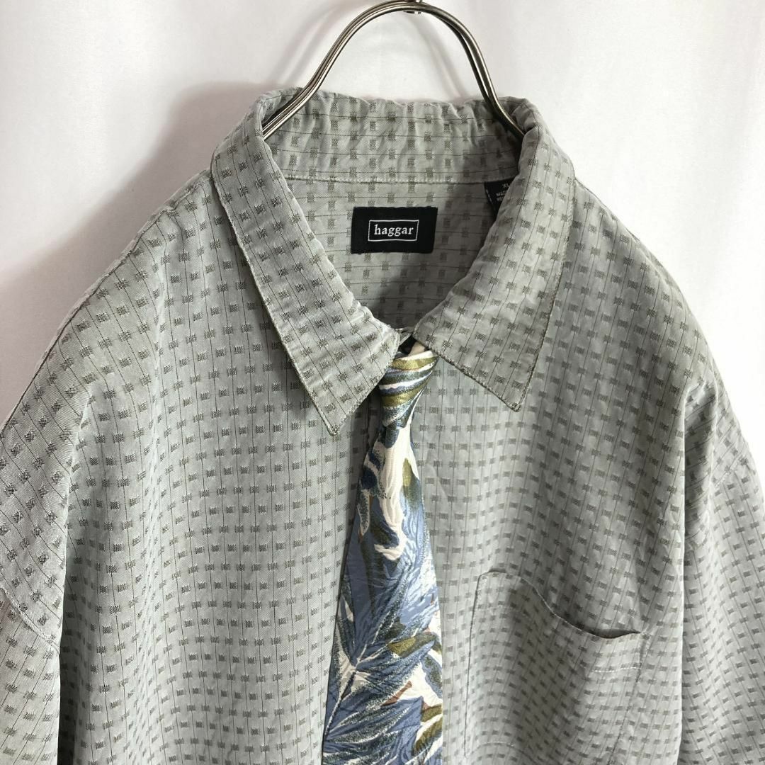 レトロ古着 半袖シャツ ネクタイコーデ レーヨン混 灰色 レトロ古着 半袖シャツ ネクタイコーデ レーヨン混 灰色