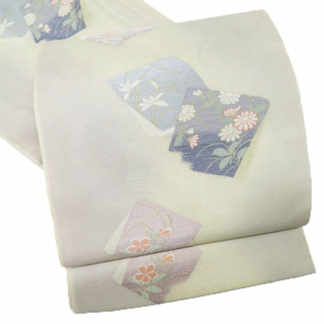 夏物 袋帯  リサイクル 正絹 紗 フォーマル 仕立て上がり 六通 色紙に花の図 灰白色 多色 金 きもの北條 A913-11