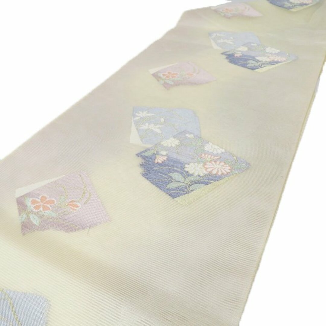 夏物 袋帯 中古 リサイクル 正絹 紗 フォーマル 仕立て上がり 六通 色紙に花の図 灰白色 多色 金 きもの北條 A913-11 レディースの水着/浴衣(帯)の商品写真