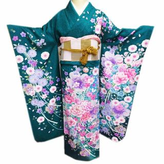 振袖 着物 中古 リサイクル 正絹 袷 花模様 桜 牡丹 銀通し 緑色 多色 金 身丈164cm 裄66.5cm L きもの北條 A913-6(着物)