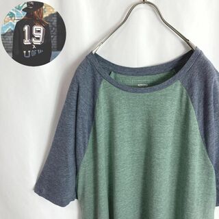 古着 ラグランTシャツ 無地 シンプル半袖 グリーン緑色グレー灰色 2XL(Tシャツ/カットソー(半袖/袖なし))