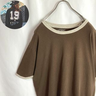 オールドネイビー(Old Navy)の古着 リンガーTシャツ 無地 シンプルビッグサイズ 半袖ブラウン ベージュ2XL(Tシャツ/カットソー(半袖/袖なし))