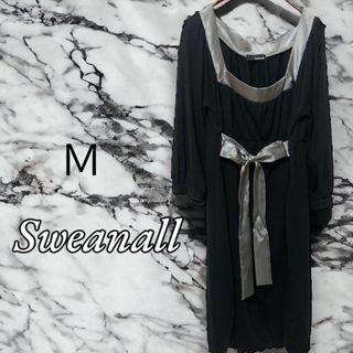 【美品】sweanall 膝上 ワンピース 長袖 ウエスト切替リボンブラック Ｍ(ひざ丈ワンピース)