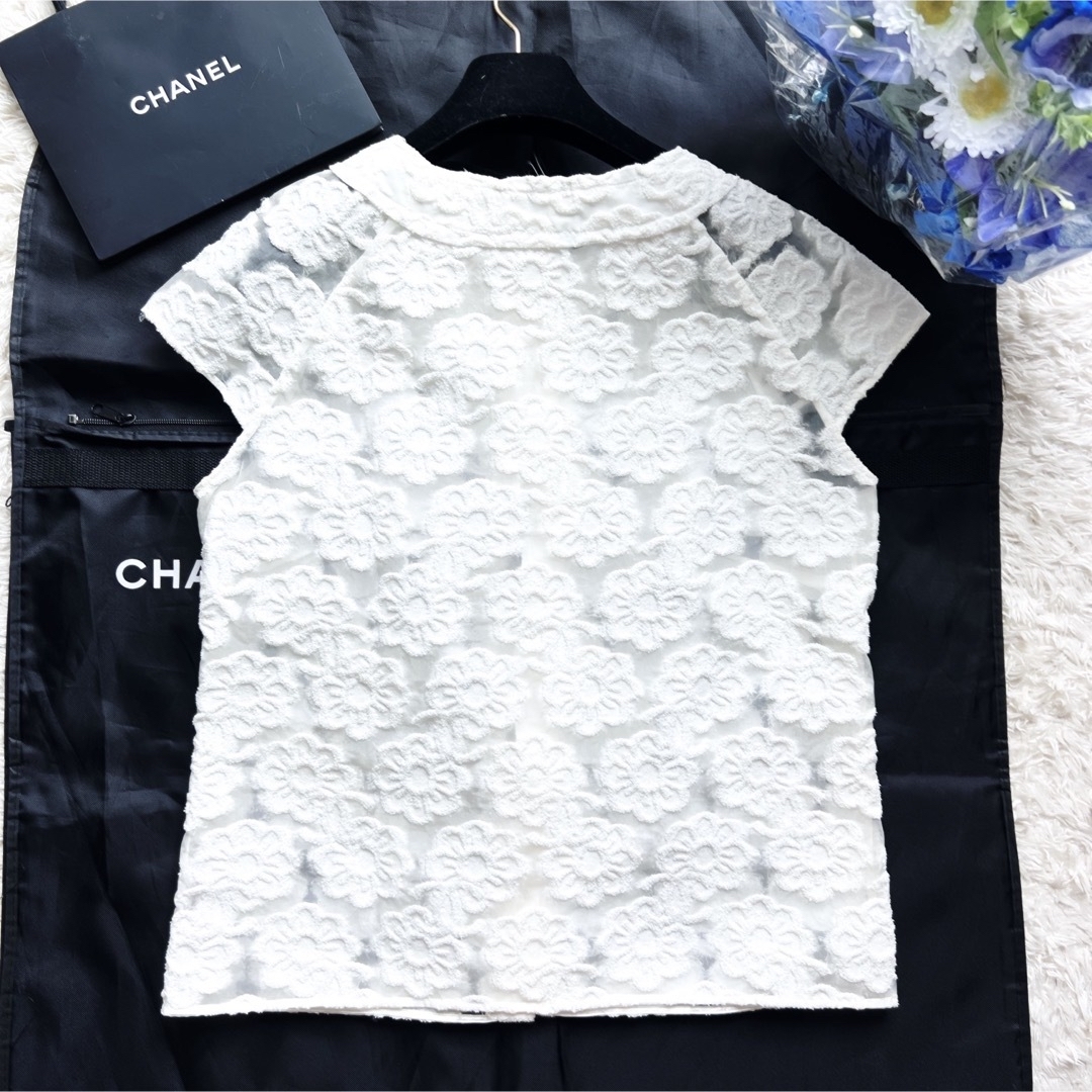 美品 CHANEL シャネル パイル地 花 ジャケット 半袖 ツイード