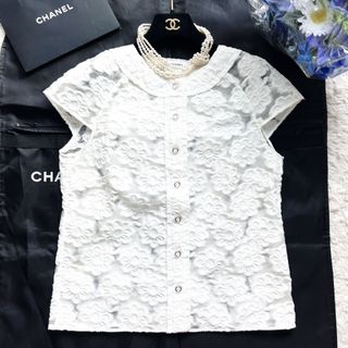 シャネル(CHANEL)の　美品　CHANEL シャネル　パイル地　花　ジャケット　半袖　ツイード(ノーカラージャケット)