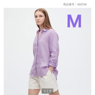 ユニクロ(UNIQLO)の新品　ユニクロ　プレミアムリネンシャツ　長袖　パープル　M ラベンダー　薄紫(シャツ/ブラウス(長袖/七分))