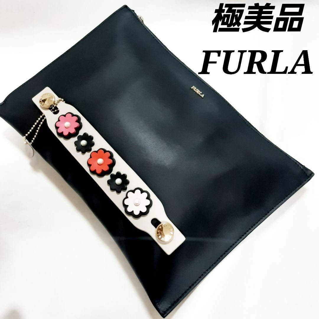 Furla - 極美品 フルラ 花 フラワー クラッチバッグ ブラック 黒 ...