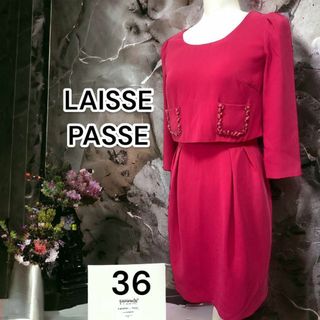 LAISSE PASSE レッセパッセ 紅赤 ローズ色ワンピース ビジュー付きS(ひざ丈ワンピース)