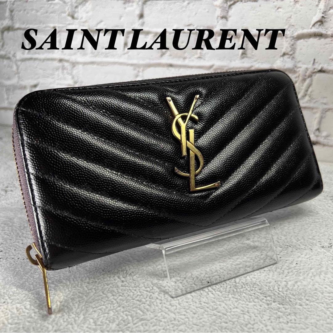 イヴ・サンローラン 長財布 ラウンドジップ YSL ブラック ピンク ...