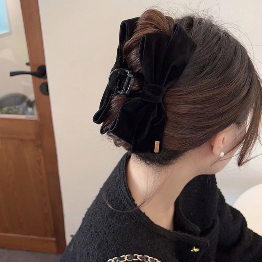 ブラック ベルベット リボン バンスクリップ ヘアクリップ ベロア 黒 新品