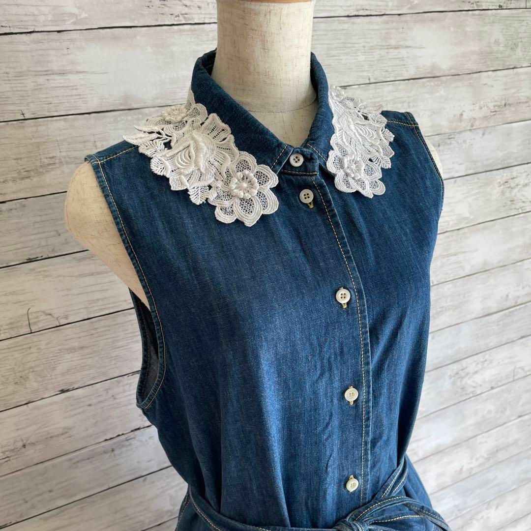 良品 MIU MIU ミュウミュウ デニムワンピース フラワー刺繍襟 40 良品 MIU MIU ミュウミュウ デニムワンピース フラワー刺繍襟 40