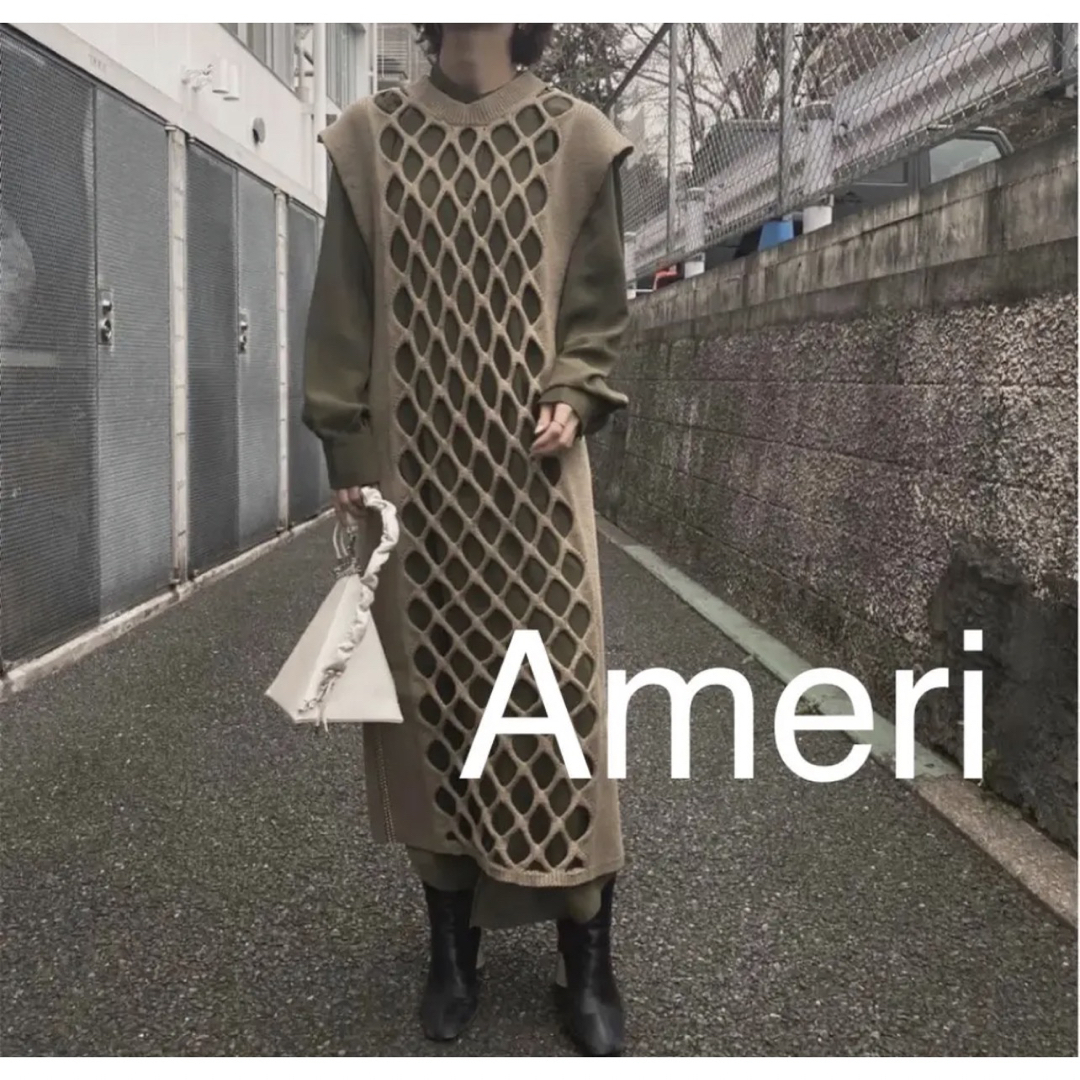 Ameri VINTAGE LAYERED MESH KNIT DRESSカーキ