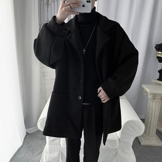 メンズチェスターコート　L ブラック　オーバーサイズ　ロングコート　冬服　韓国(チェスターコート)