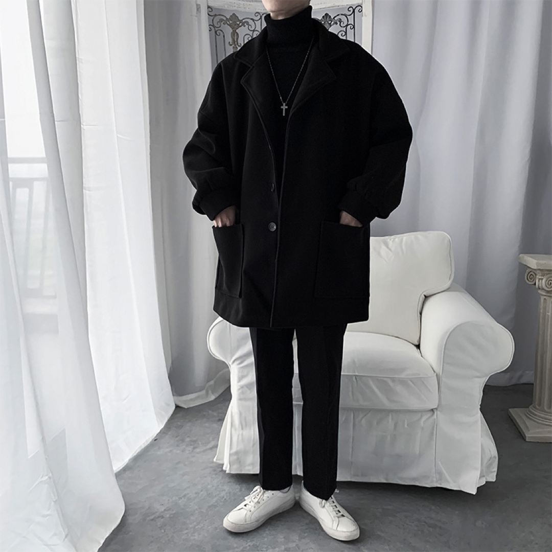 メンズチェスターコート　XL ブラック　オーバーサイズ　ロングコート　冬服　韓国