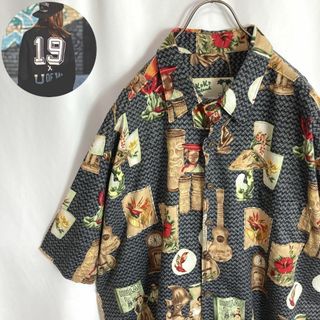 USA製レトロ古着 総柄シャツ 半袖 ネイティブ柄 花柄 レーヨン混グレー2XL(シャツ)