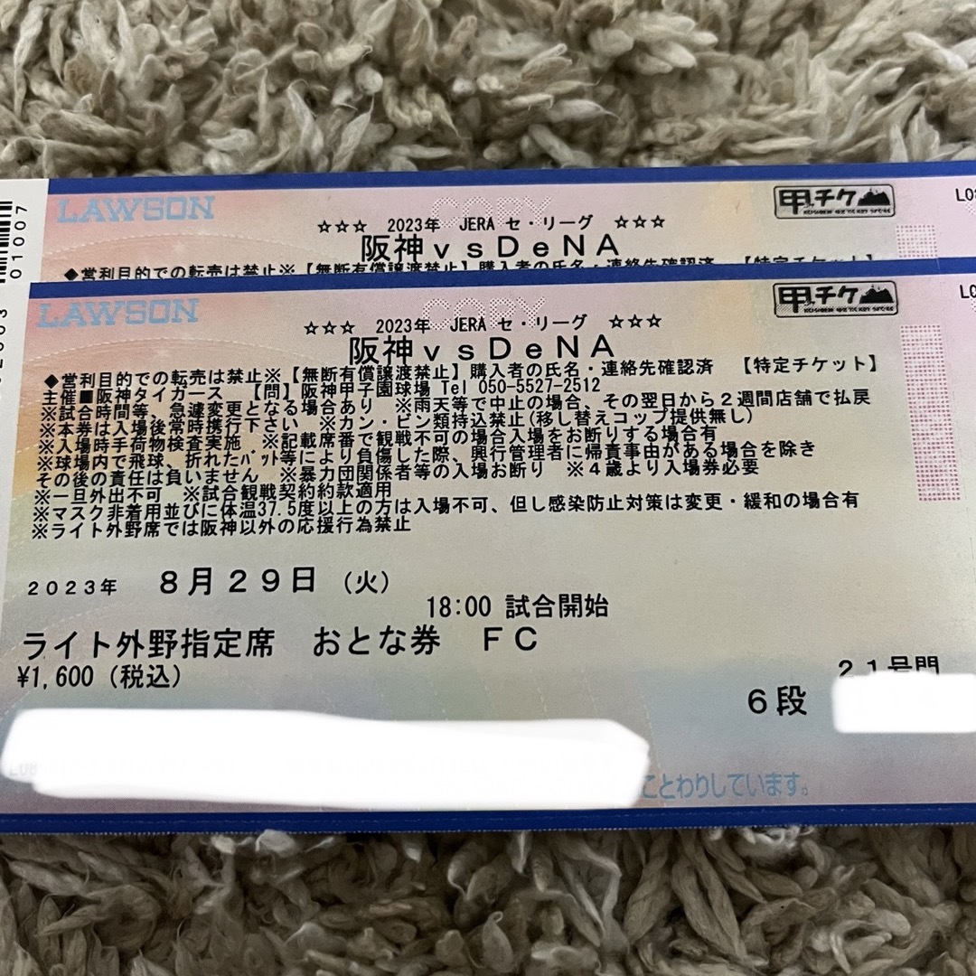 阪神タイガース　チケット　8月29日（水）　ライト