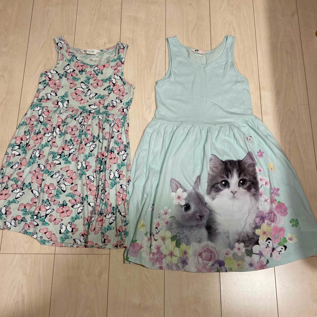 H&M(エイチアンドエム)のチョウ　猫　ウサギ　ワンピース　サイズ140 キッズ/ベビー/マタニティのキッズ服女の子用(90cm~)(ワンピース)の商品写真