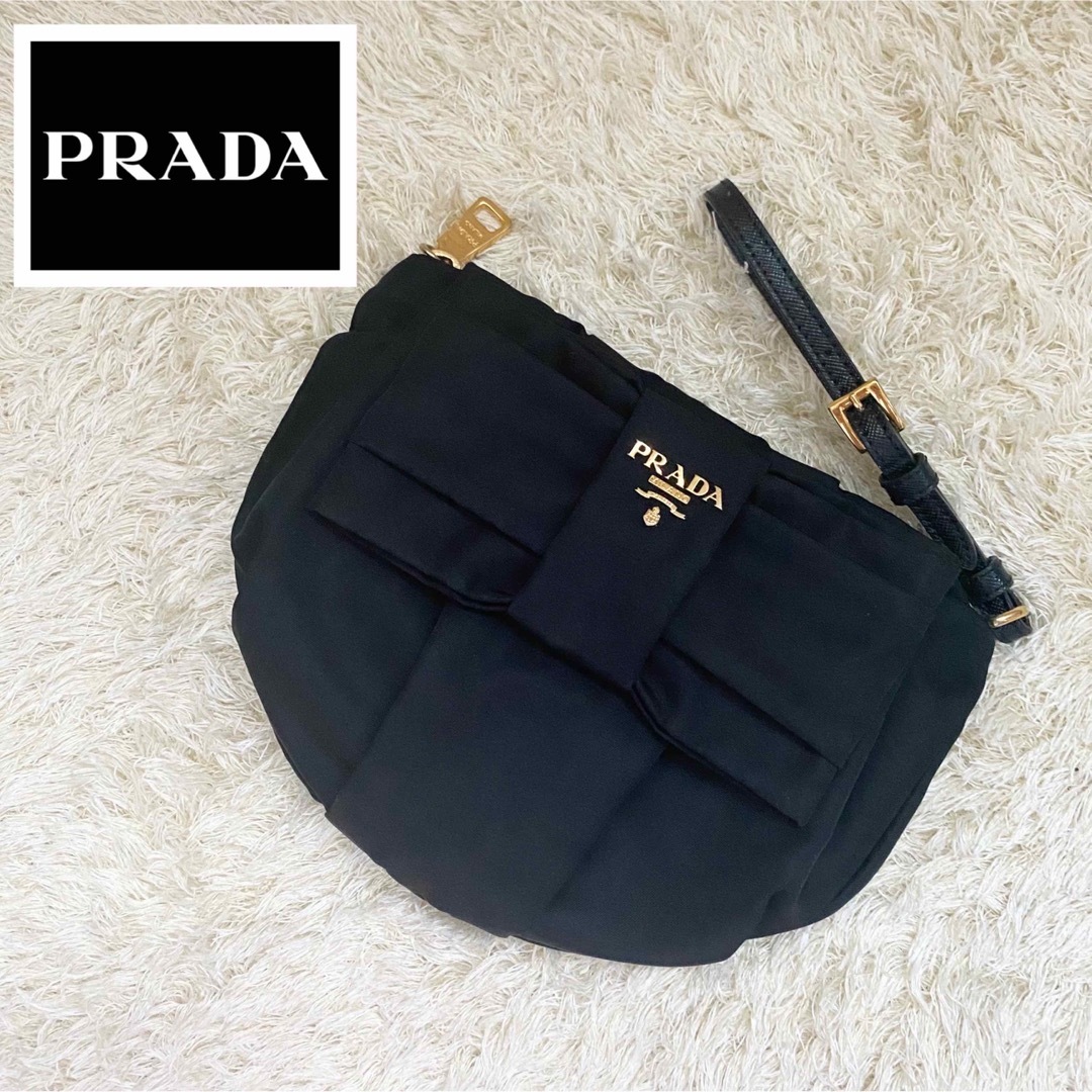 極美品✨PRADA プラダ リボン ポーチ ミニバッグ クラッチ ブラック