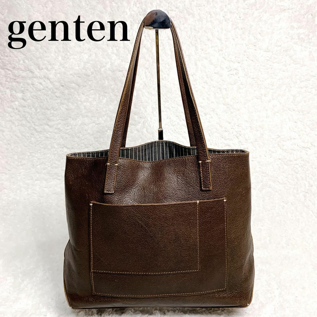 genten ゲンテン トートバッグ レザー シボ革 ブラウン　ストライプ