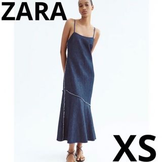 ザラ(ZARA)のZARA ミディ丈　デニムドレス　ワンピース　XS ブルー　キャミワンピ(ロングワンピース/マキシワンピース)