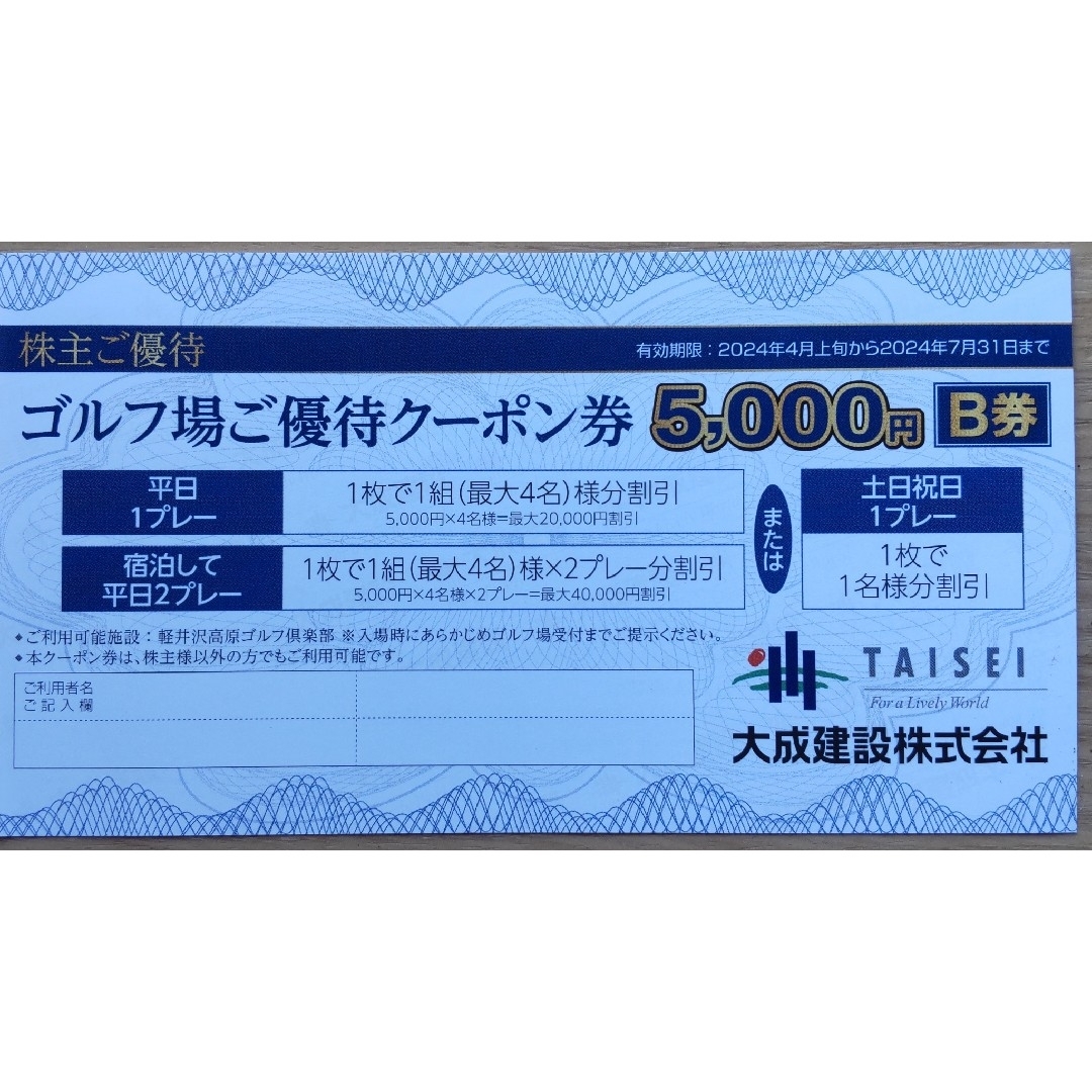 大成建設株主優待 軽井沢高原ゴルフクラブ 優待クーポン