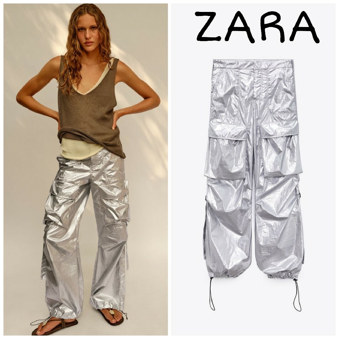 ZARA リフレクター　カーゴパンツ　シルバー