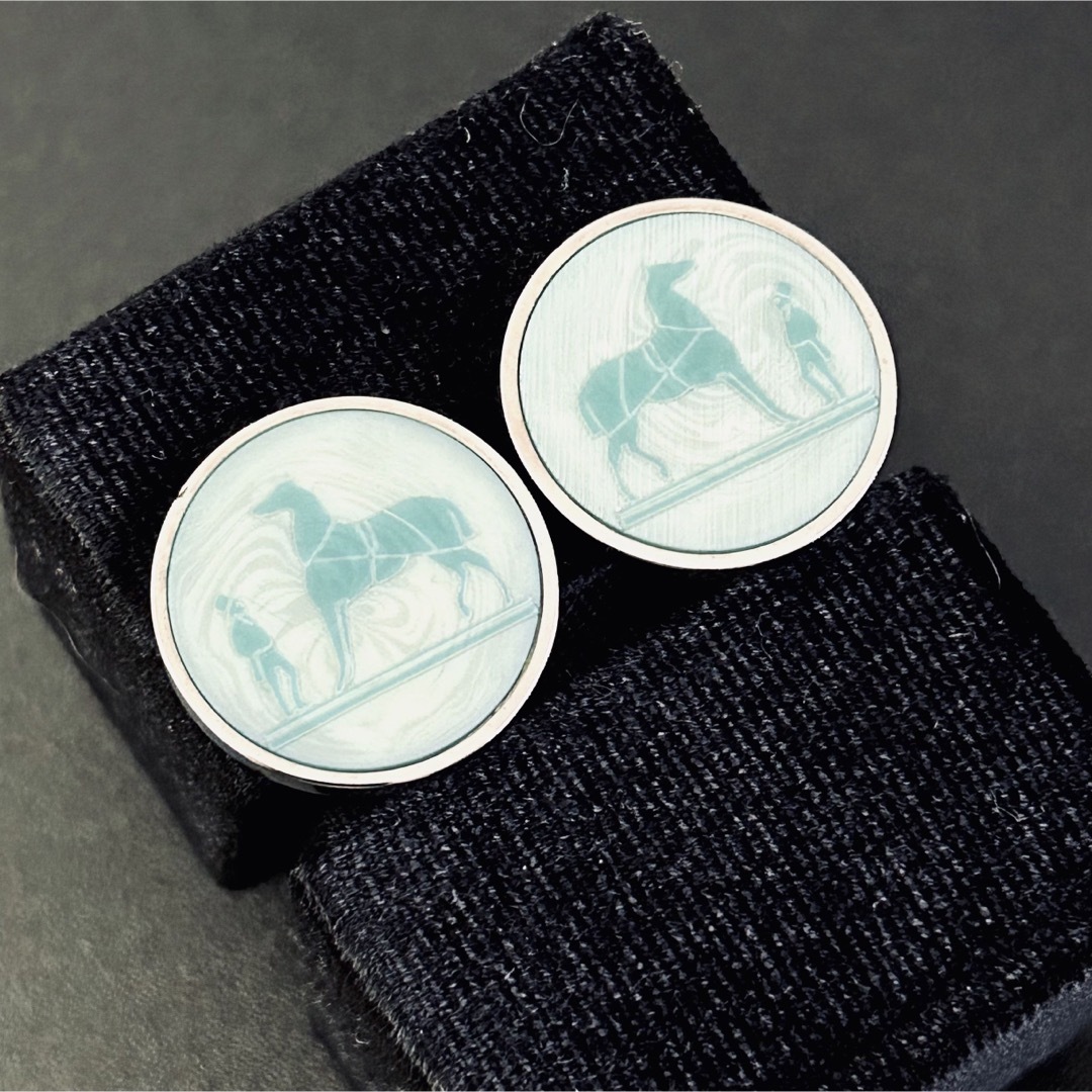 エルメス コロゾ イヤリング グリーン シルバー金具 絵柄 馬 従者-