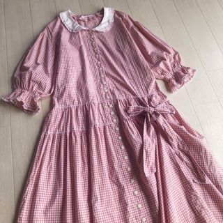 ピンクハウス(PINK HOUSE)のワンダフルワールド ピンク×白 チェック柄 たくし上げ ワンピース(ロングワンピース/マキシワンピース)