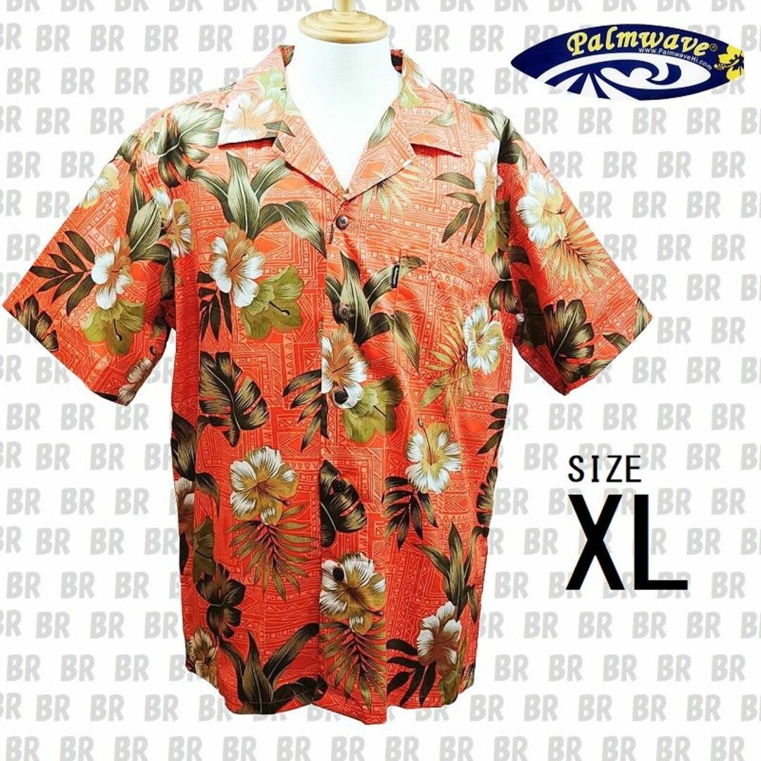 新品　【Palmwave】　XL　オレンジ　アロハシャツ　 ハイビスカス柄　半袖