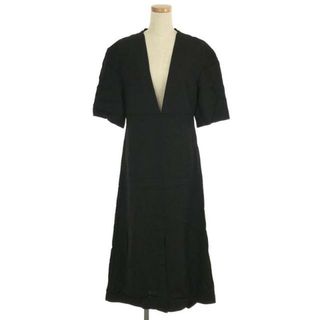 ジルサンダー(Jil Sander)の【新品】  JIL SANDER / ジルサンダー | DRESS WITH PLUNGING V-NECK / レーヨン リネン スリット ロング ドレスワンピース | 36 | ブラック | レディース(ロングワンピース/マキシワンピース)