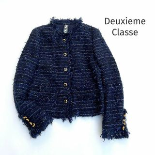 ドゥーズィエムクラス*ノーカラーツイードジャケット フリンジ ゴールドボタン