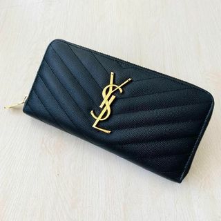 イヴサンローラン(Yves Saint Laurent)の【イヴサンローラン】YSL ロゴ 金具 Yステッチ 長財布 黒 ラウンドジップ(財布)