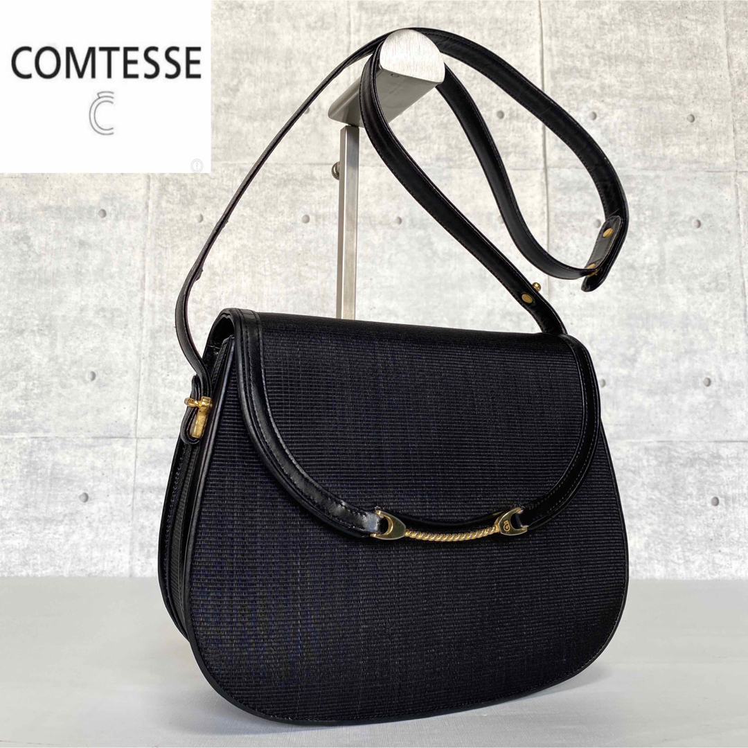 COMTESSE】ホースヘア×レザー ブラック ゴールド金具 ショルダーバッグ-