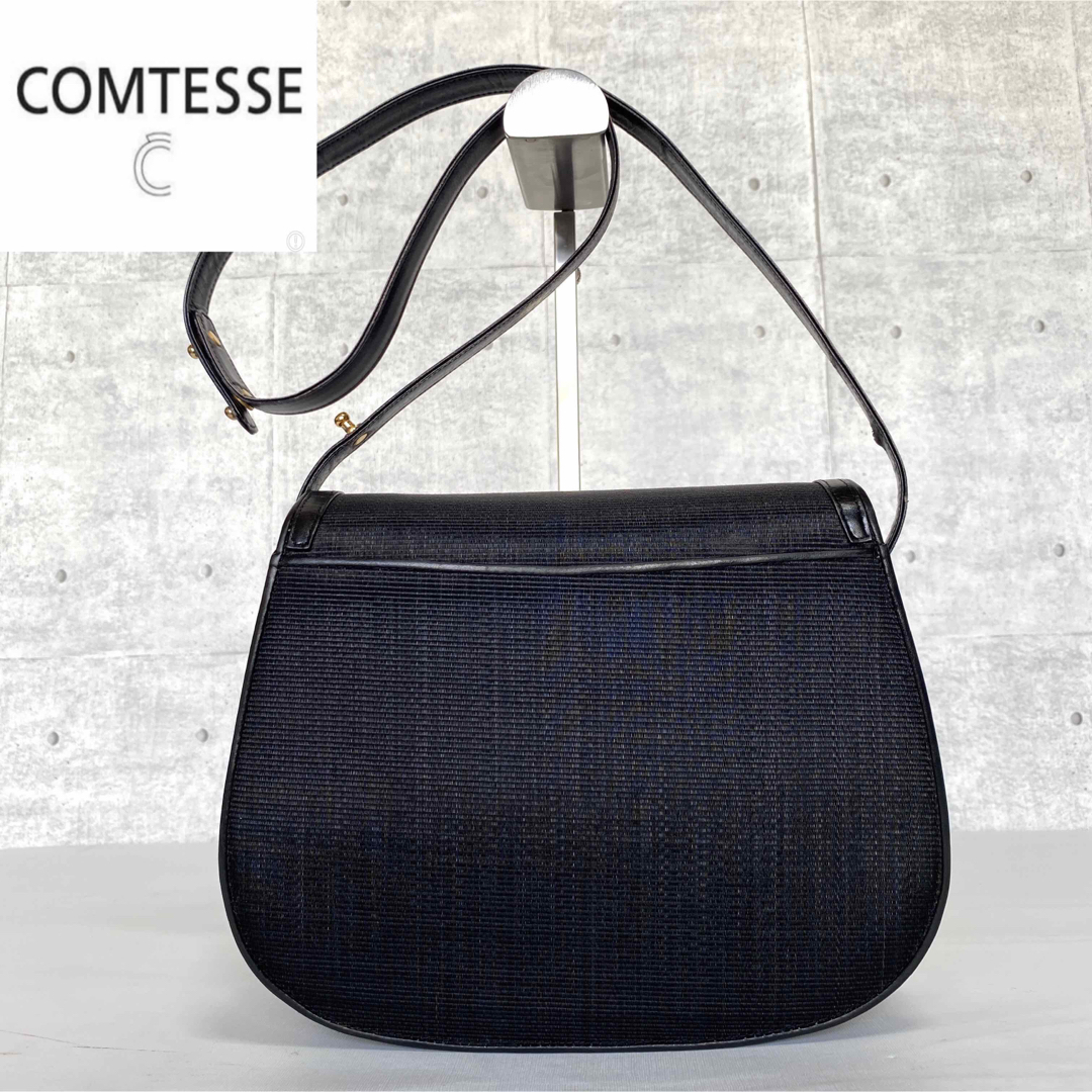 COMTESSE】ホースヘア×レザー ブラック ゴールド金具 ショルダーバッグ-