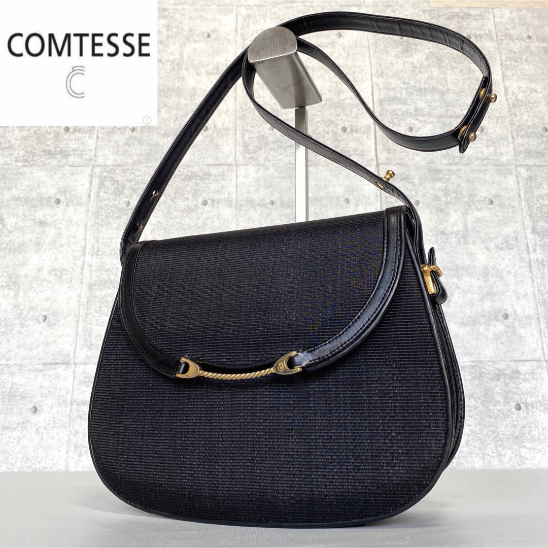 【COMTESSE】ホースヘア×レザー ブラック ゴールド金具 ショルダーバッグ