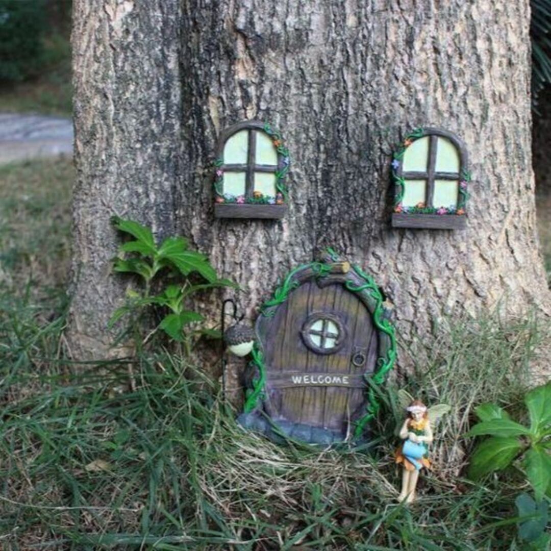 ドア 妖精 ツリー用装飾 窓 扉 ランタン 光る 庭 おとぎの国 フェアリー