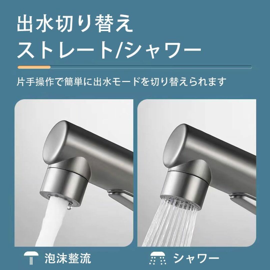 洗面蛇口 噴水機能付 グレー シングルレバー 混合 キッチン水栓  引出し式 A 1