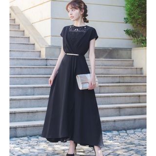 GIRL - カシュクール風レース切替ロングフレア結婚式パーティードレス