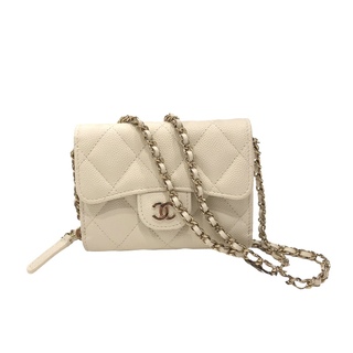 シャネル(CHANEL)の　シャネル CHANEL クラシックミニチェーン ショルダーウォレット AP2569 ホワイト　シルバー金具 キャビアスキン レディース ウォレットチェーン(その他)