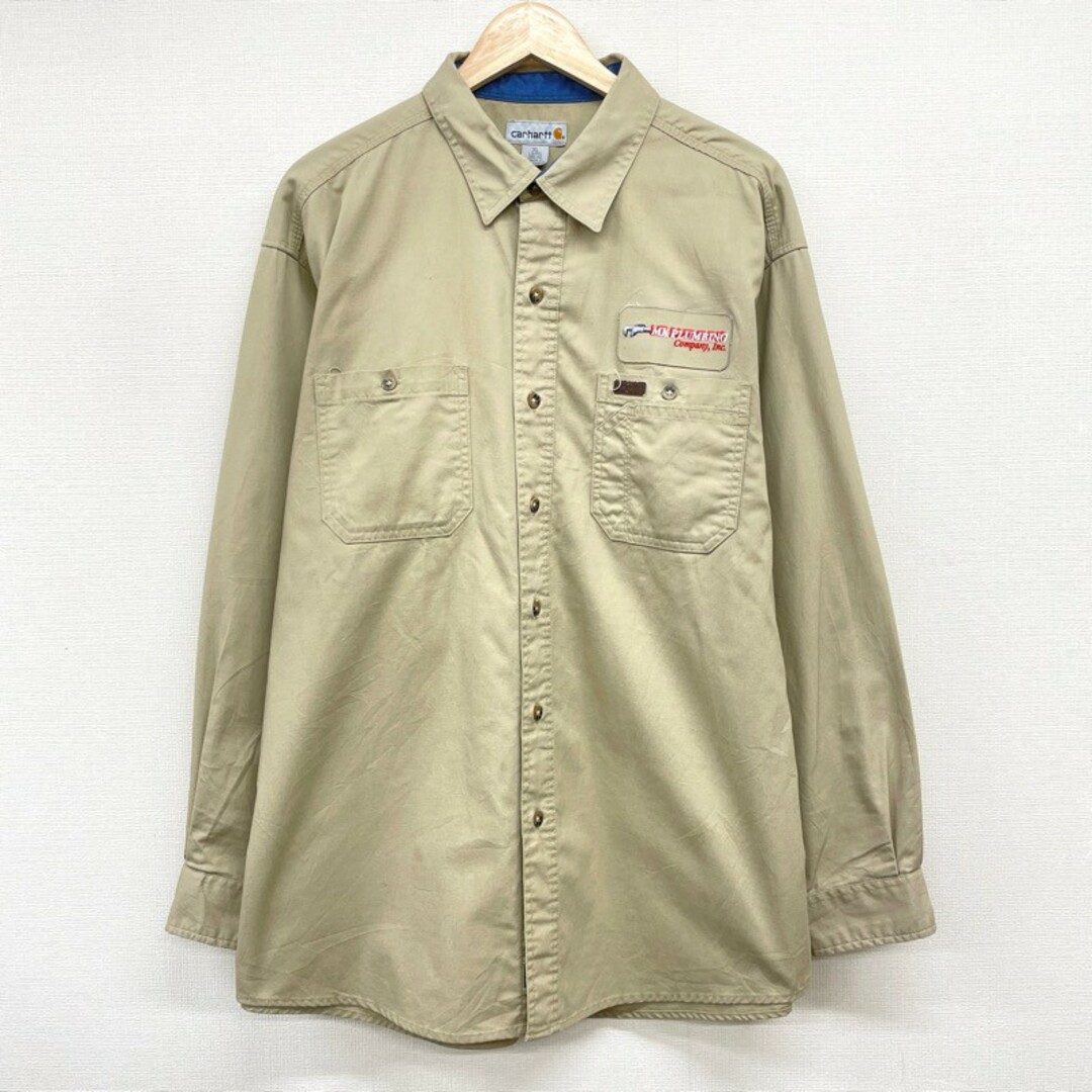 US古着 カーハート Carhartt ワーク シャツ 企業 ワッペン 長袖 サイズ：メンズ XL ビッグサイズ ベージュ【中古】 | フリマアプリ  ラクマ