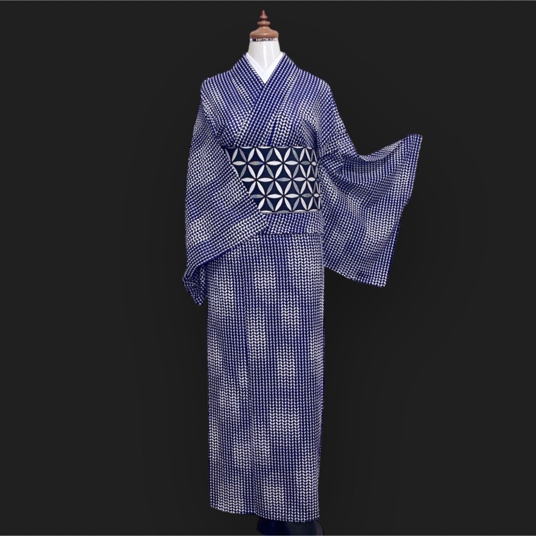 洗える夏着物 絽【リーフ柄 白と青の定番カラー】可愛らしい小紋柄♪