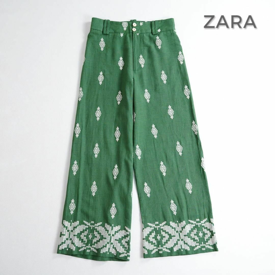 ZARA(ザラ)の132*美品 ZARA ザラ 刺繍 リネン混 グリーン ワイドパンツ. レディースのパンツ(その他)の商品写真