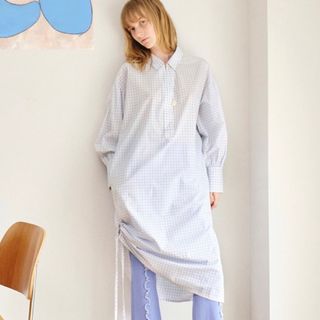 ステュディオス(STUDIOUS)のsoduk puff sleeve dress / white チェックワンピ(ロングワンピース/マキシワンピース)