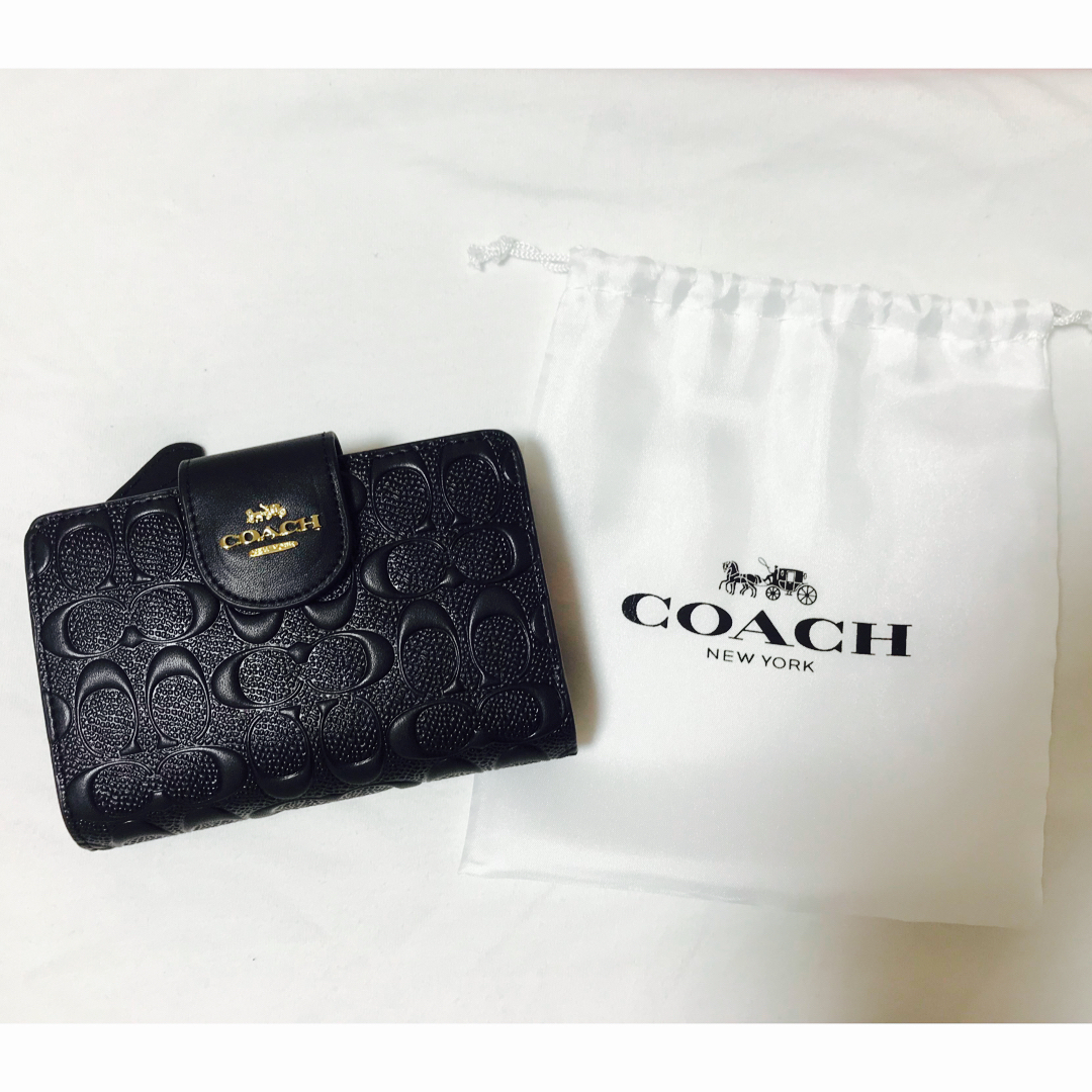 COACH(コーチ)の【美品】コーチ二つ折り財布ブラックミディアムシグネチャー レディースのファッション小物(財布)の商品写真