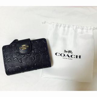 コーチ(COACH)の【美品】コーチ二つ折り財布ブラックミディアムシグネチャー(財布)